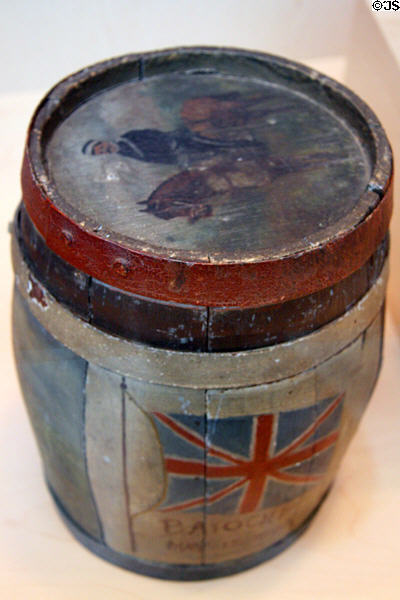 Alcohol keg (1886) painted by NWMP participants in Battle of Batouche at RCMP Heritage Center. Regina, SK.