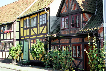 Houses line the street opposite the Church of Our Lady, Nyborg. Denmark.