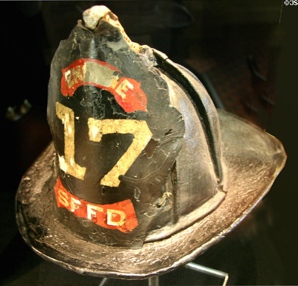 San Francisco Fire Department helmet (c1905) from great earthquake displayed in California State Capitol. Sacramento, CA.