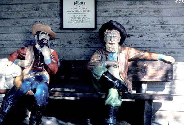 Bench for Handsome Brady, Whiskey Bill & friends in western frontier village at Knott's Berry Farm. Buena Park, CA.