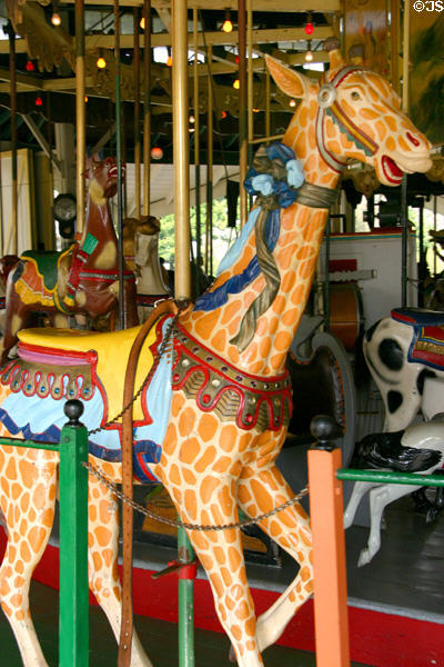 Carved giraffe at Balboa Park Carousel. San Diego, CA.
