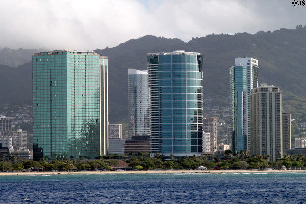 Hokua (2006) (1288 Ala Moana), round Nauru (1992) (1330 Ala Moana), black & white Hawaiki (1999) (88 Piikoi St.), & 1350 Ala Moana (1968) Towers. Honolulu, HI.