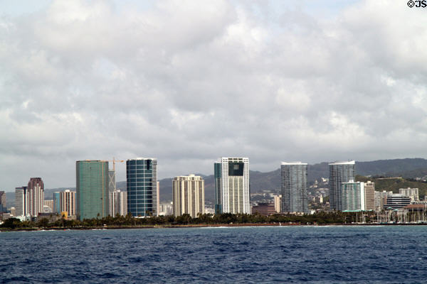 Condominium towers of Ala Moana district between Honolulu & Waikiki seen from sea. Honolulu, HI.