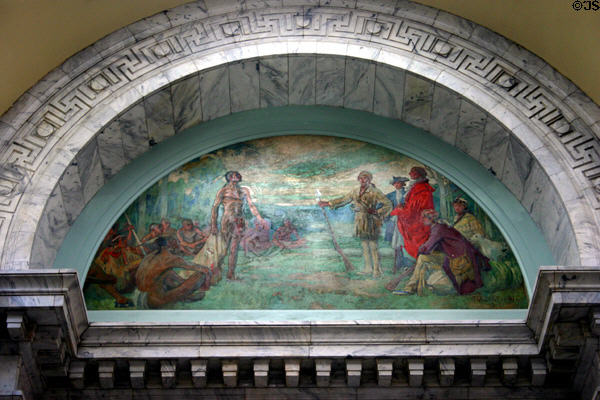 Mural shows Daniel Boone concluding treaty of Watauga in 1775 with natives of Kentucky in State Capitol by T. Gilbert White (1909). Frankfort, KY.