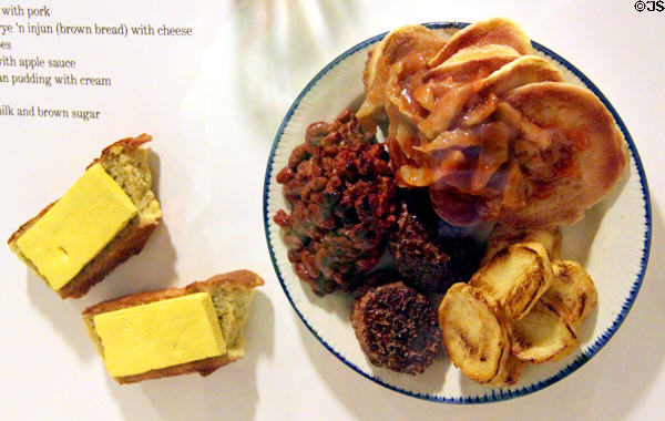 Supper plate of baked beans with pork, fried potatoes, flat-jacks with apples, brown bread at Boott Cotton Mills Boarding House. Lowell, MA.