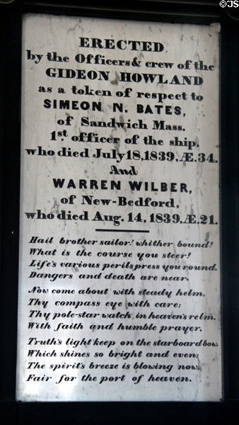 Memorial plaque (1839) to two sailors of sailing ship Gideon Howland at Seaman's Bethel. New Bedford, MA.