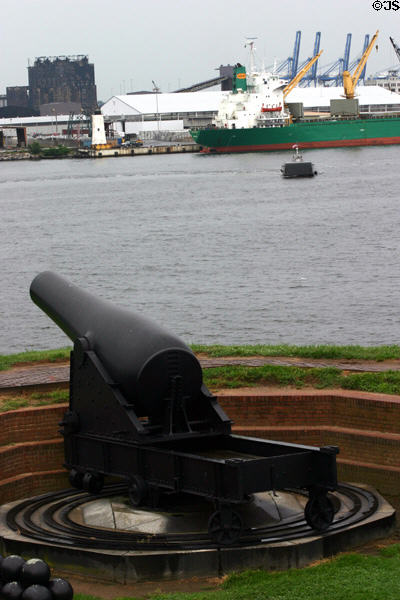 Cannon facing ships in outer Baltimore harbor. Baltimore, MD.