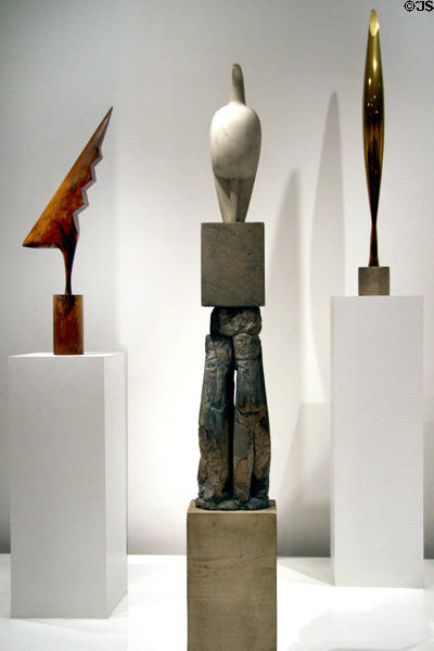 Sculptures by Constantin Brancusi - The Cock (1924), Maiastra (1910-2), Bird in Space (1928) at MoMA. New York, NY.