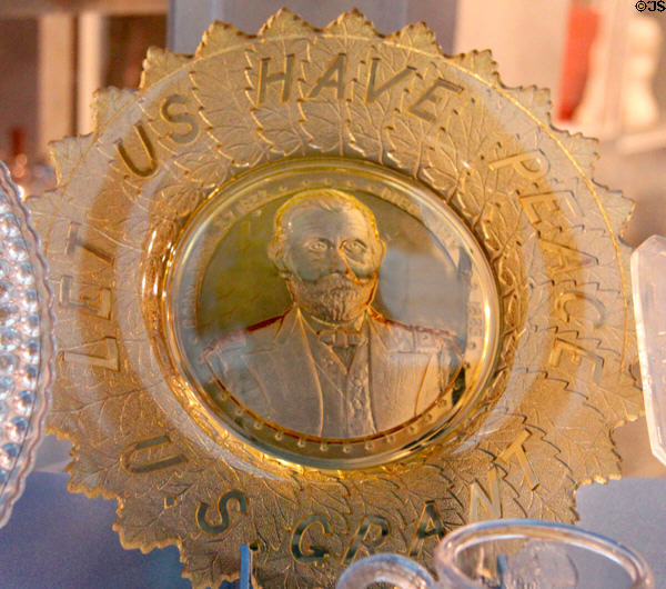 Pressed glass U.S. Grant plate "Let Us Have Peace" at Brooklyn Museum. Brooklyn, NY.