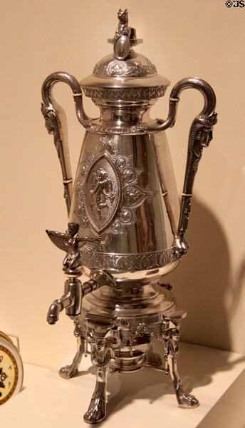 Silver coffee urn (c1875) by J.E. Caldwell & Co. of Philadelphia, PA at Brooklyn Museum. Brooklyn, NY.