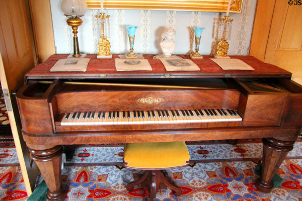 Chickering piano in parlor with girandoles, vases & bust at Taft House NHS. Cincinnati, OH.