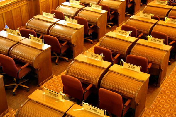 Rows of roll top desks in House chamber of South Dakota State Capitol. Pierre, SD.