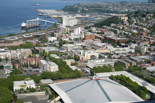 Key Arena & harbor west of Seattle Center from Space Needle. Seattle, WA.