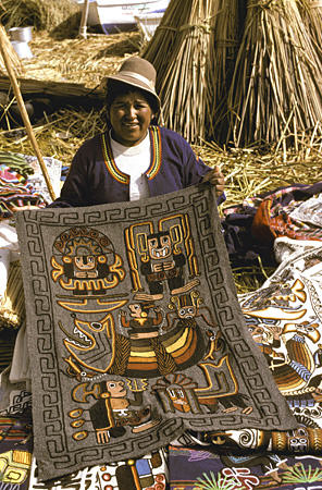 Embroidered hangings on Uros Floating Islands, Lake Titicaca. Peru.