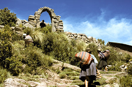 Up the 500 steps to village on top of Tequila Island, Lake Titicaca. Peru.