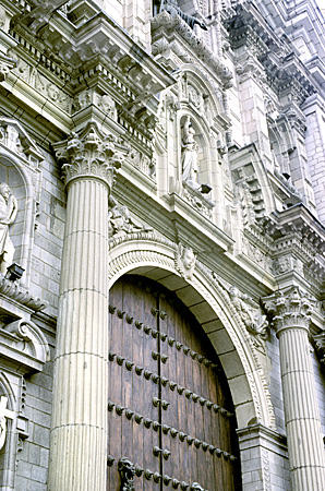 Baroque facade detail of Cathedral in Lima. Peru.