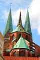 St. Mary's Church example of Northern German ecclesiastical Gothic style rebuilt after WWII. Lübeck, Germany