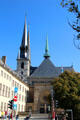 Cathedral of Our Lady, a former Jesuit Church with 20thC spires. Luxembourg, Luxembourg.