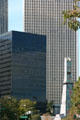 Black Century City Medical Plaza Tower with covered oil derrick before Century Plaza Towers. Century City, CA