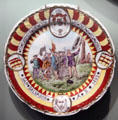 White china commemorative plate with image of landing of Columbus at Knights of Columbus Museum. New Haven, CT.