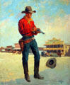 Gunfighter at Big Nugget Hotel for book called Bonanza Gulch, painting by Charles Hargens at Dakota Discovery Museum. Mitchell, SD.