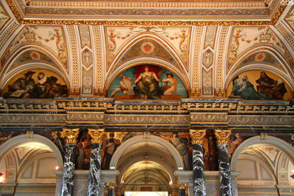 Arts painted on ceiling above central entrance stairs of Kunsthistorisches Museum. Vienna, Austria.
