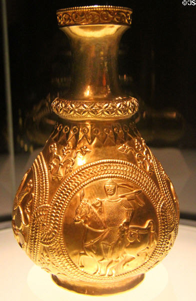 Hungarian gold flask embossed with knight on horse (7-9thC) at Kunsthistorisches Museum. Vienna, Austria.