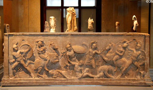 Greek sarcophagus sculpted with battling Amazons (c320 BCE) at Kunsthistorisches Museum. Vienna, Austria.