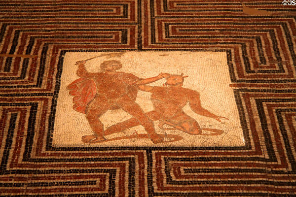 Roman mosaic floor of Theseus battling the Minotaur (2ndC) at Kunsthistorisches Museum. Vienna, Austria.