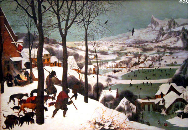 Hunters in Snow painting (1565) by Pieter Brueghel the Elder at Kunsthistorisches Museum. Vienna, Austria.