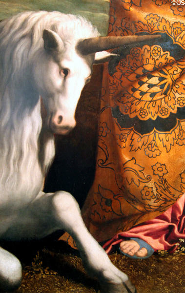 Detail of unicorn in St Justina with patron painting (c1530-4) by Moretto da Brescia at Kunsthistorisches Museum. Vienna, Austria.