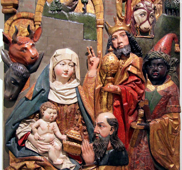 Detail of Adoration of Magi wood relief (c1470) at Historical Museum of City of Vienna. Vienna, Austria.