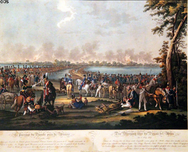 Allies crossing Danube on July 6, 1809 before Battle of Wagram engraving by Johann Lorenz Rugendas at Historical Museum of City of Vienna. Vienna, Austria.