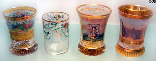 Decorated glass beakers (c1815-33) from workshop of Anton Kothgasser at Historical Museum of City of Vienna. Vienna, Austria.