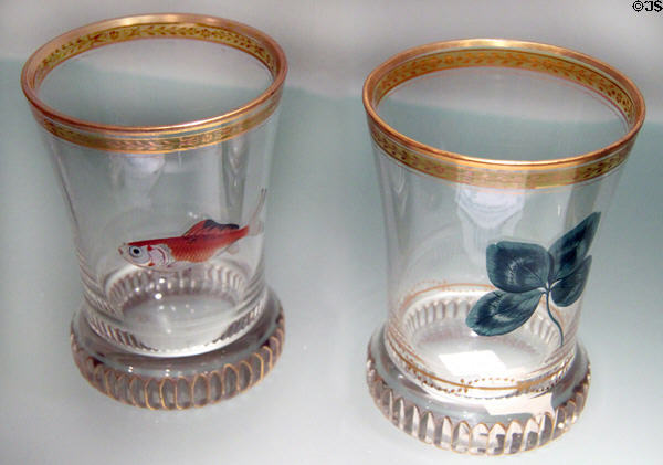 Glass beakers with goldfish & four-leaf clover (c1820) from workshop of Anton Kothgasser at Historical Museum of City of Vienna. Vienna, Austria.