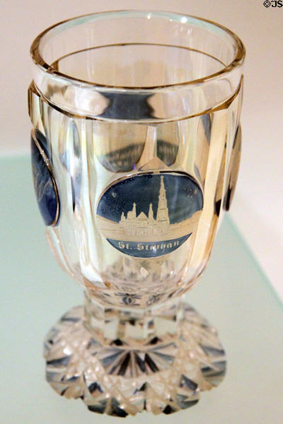 Bohemian cut glass wineglass with scene of Vienna (c1840) at Historical Museum of City of Vienna. Vienna, Austria.