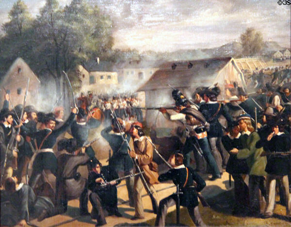 Battle of Taborbrücke on Leopoldstadt on Oct. 6, 1848, during uprising against Emperor Ferdinand painting (1849) by Bonaventura Emler at Historical Museum of City of Vienna. Vienna, Austria.