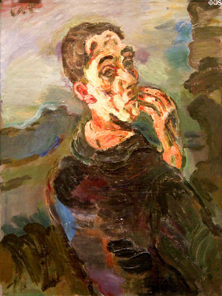 Self-portrait, one hand touching face painting (1918-9) by Oskar Kokoschka at Leopold Museum. Vienna, Austria.