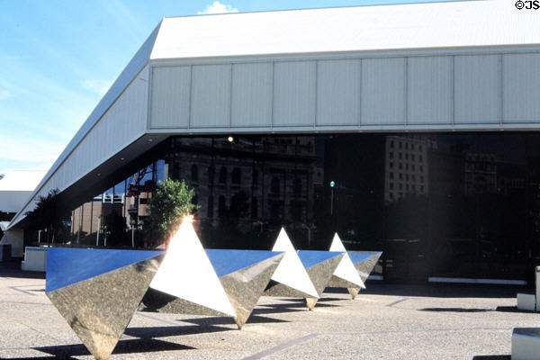 Metal triangular sculpture in front of Arts Centre in Adelaide. Adelaide, Australia.