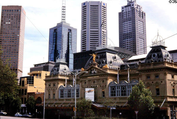 Princess Theatre sits among a backdrop of Melbourne skyscrapers. Melbourne, Australia.