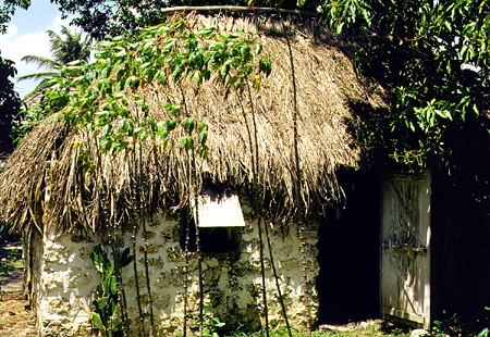Stone & grass hut used for slave quarters now a memorial at Tyrol Cot Heritage Village. Barbados.