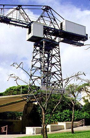 Sugar cane hoist above the Cane Pit Amphitheatre in Heritage Park. Barbados.
