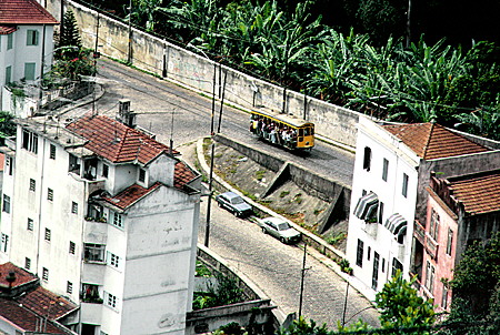 Trolley carrying passengers through the streets of Rio de Janeiro. Brazil.