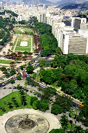Overview of downtown apartments and the parks along the water in Rio de Janeiro. Brazil.