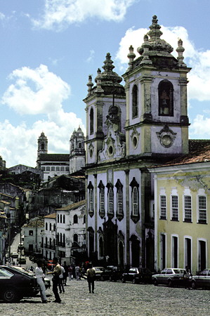 Street scene with churches along Ladeira de Carmo. Brazil.