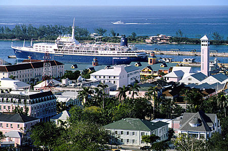 Nassau harbor with cruise ship seen from water tower observation deck. Nassau, The Bahamas.
