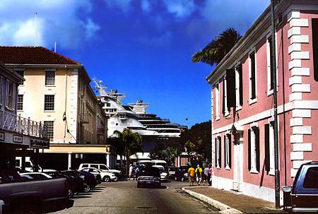 Parliament St. with cruise ships. Pink Georgian building on right is House of Assembly. Nassau, The Bahamas.