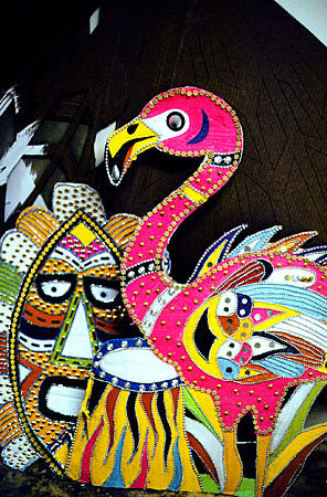 Detail of flamingo on Junkanoo costume at Doongalik Studios. Nassau, The Bahamas.