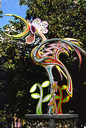 Bird like Junkanoo statue at Doongalik Studios. Nassau, The Bahamas.
