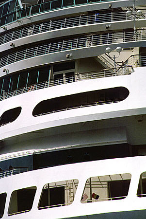 Detail of multiple decks of cruise ship at Nassau. Nassau, The Bahamas.